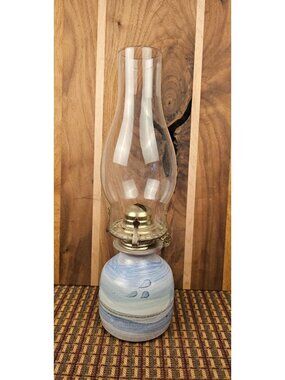 Vintage Ceramic Oil Lamp With Hand-Painted Blue Design & Glass Chimney - 12" Tal